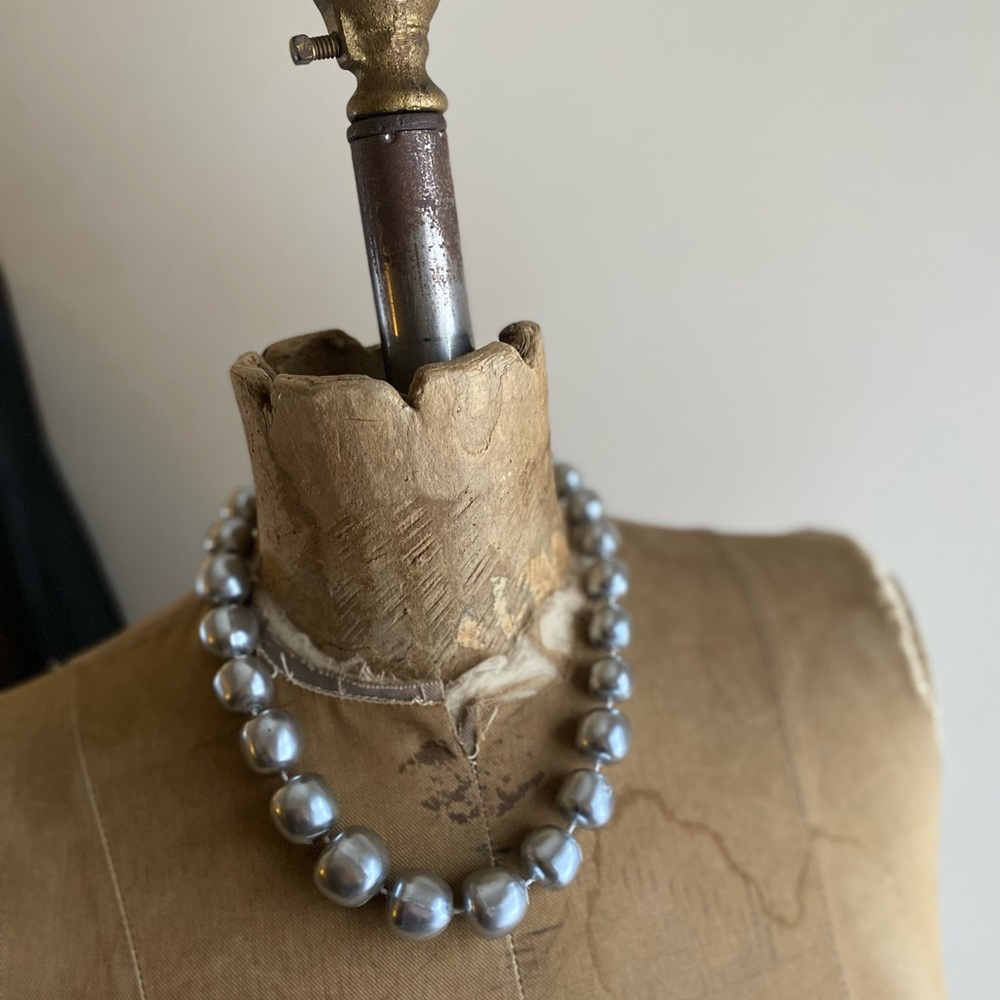 Chunky Gray Faux Pearl Necklace Statement Beaded Necklace Silver Clasp